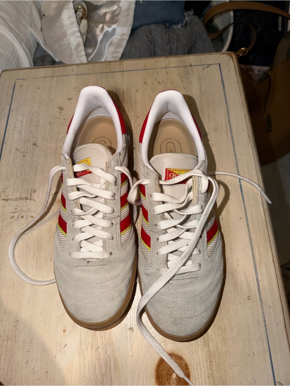 adidas Cream Suede Sneakers with Red & Yellow Stripes